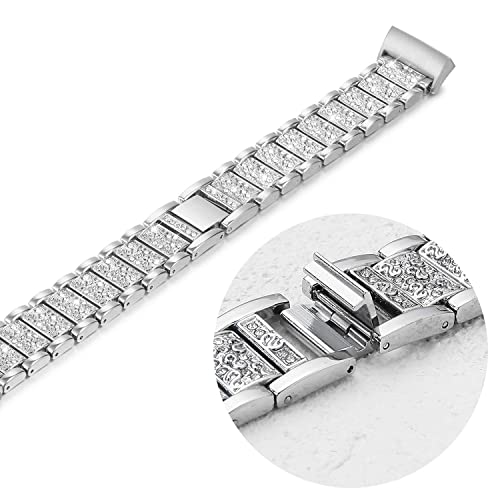 Mtozon Silver Rhinestone Bling Bands for Fitbit Charge 6/5 Dressy Metal Wristband