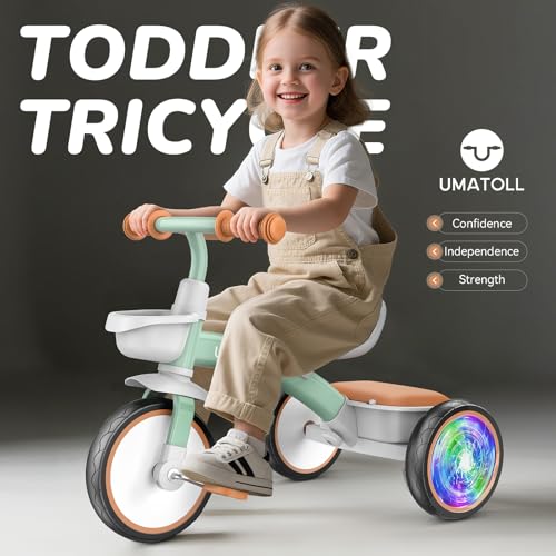 Toddler Tricycle with Glow Wheels & Storage Baskets - Green