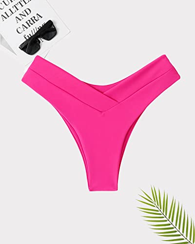 High Waisted Cheeky Bikini Bottoms - Criss Cross Cut-Out - Small Rose Red