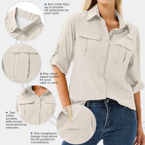 Toumett Women's UPF 50 Sun Protection Long Sleeve Hiking & Fishing Shirt - Light Khaki, Medium