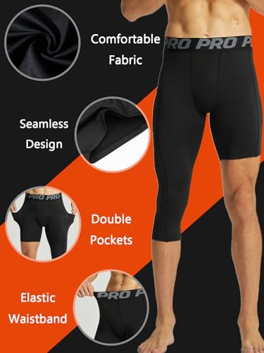 KAHEYQI 2 Pack Men's Compression Tights for Basketball, 3/4 Length Leg Pants, Black/White, Large