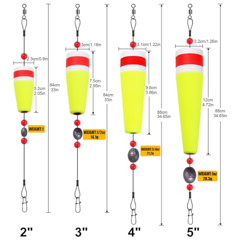 CWSDXM 5-Inch Yellow-Red Popping Cork Float Rigs for Saltwater & Freshwater Fishing - 4 Pack