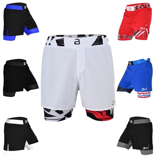 2BOLD MMA Shorts Men’s 2 in 1 Jiu-Jitsu Built-in Compression Lining Small White
