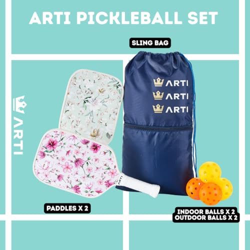 ARTI Pink & Green Pickleball Paddles Set with 2 Rackets, Balls & Carry Bag