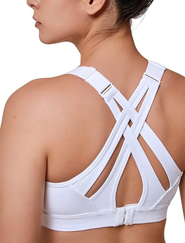 Yvette High Impact Adjustable Criss Cross Sports Bra (Large, White) D/DDD