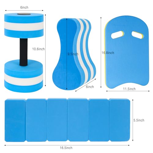 Water Aerobics Set - 5 Pieces Aquatic Exercise Equipment with Foam Dumbbell, Swim Kickboard, Pull Buoy & Swim Belt - Blue