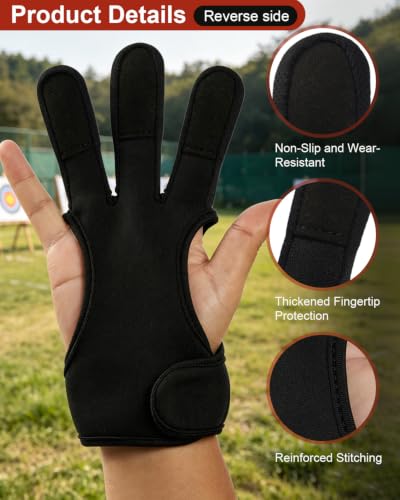 Archery Shooting Gloves - Three Finger Guard for Men & Women - Black, Large