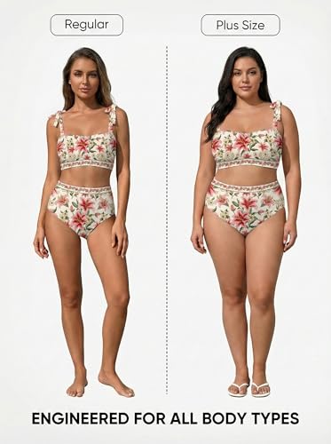 Herseas Women's Tie Shoulder Bikini Sets 2 Piece High Waisted Swimsuit, Multicolor Floral Beige, Medium