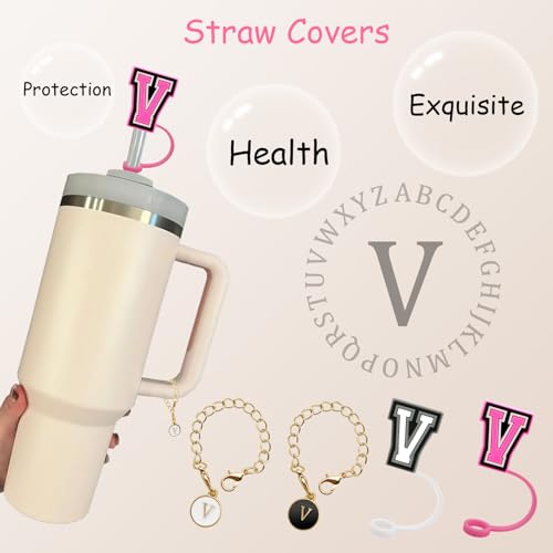 Silicone Straw Cover & Initial Letter Charm Set for 10mm Straws - Letter V