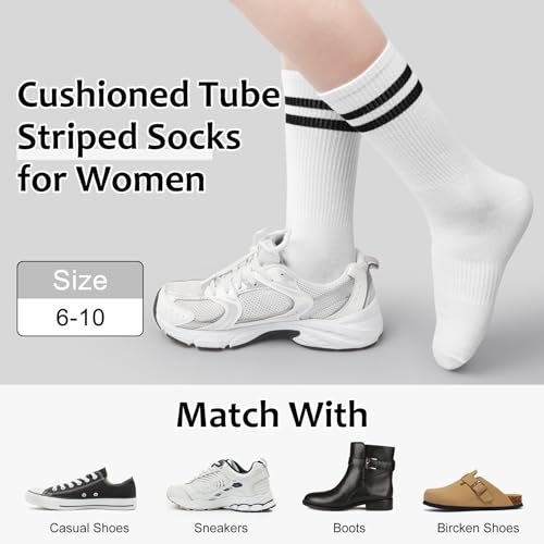 Striped Crew Socks for Women - 6 Pairs in Light Grey, Black & White