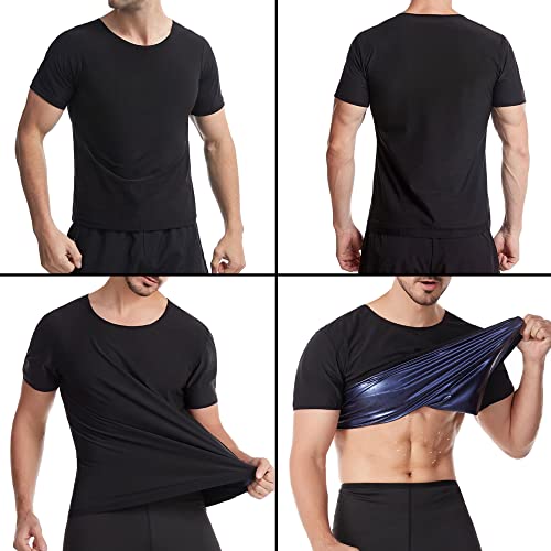 Everfion Sauna Shirt for Men Short Sleeve Compression Body Shaper Gym Top - Black-Blue, XL
