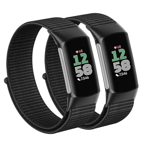 Nylon Watch Bands for Fitbit Charge 5/6 - 2 Pack Black