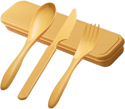 Reusable Travel Utensils Set with Case - Wheat Straw Fork, Spoon & Knife - Yellow
