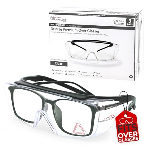 SAFE HANDLER Duarte Premium Over Glasses 3 PAIRS | ANSI Z87.1, Impact Resistant Polycarbonate Lens, UV400, Anti-Fog & Anti-Scratch, Box of 3