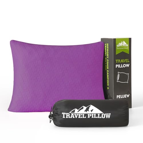 PEUJEW Purple Travel Memory Foam Pillow 16x12 Inch Compact Camping & Hiking Support