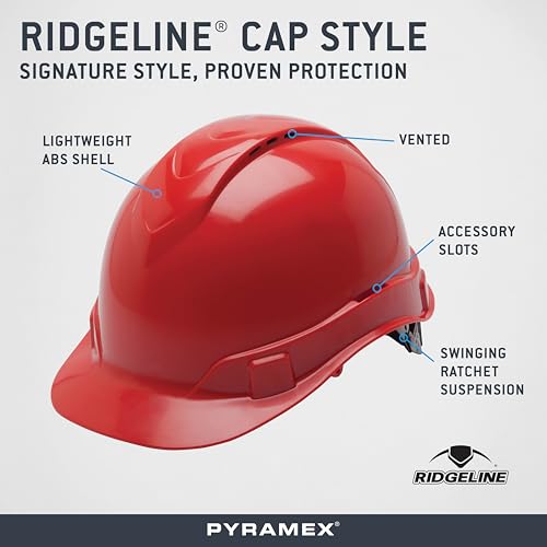 Pyramex Ridgeline Cap Style Hard Hat 4 Point Ratchet Vented Red