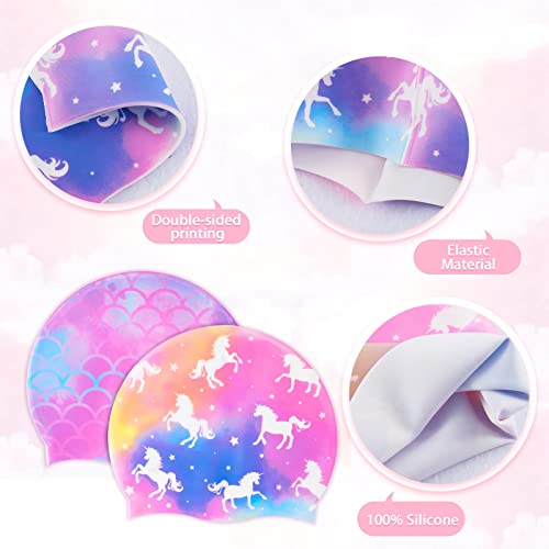 WAWSAM Unicorn Mermaid Kids Swim Cap 2 Pack Silicone 3-8 Years – Long & Short Hair