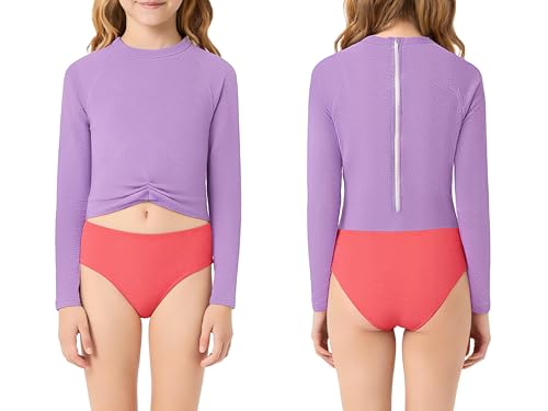 Long Sleeve Girls One Piece Rash Guard Swimsuit - Purple & Orange, Size 6X-16