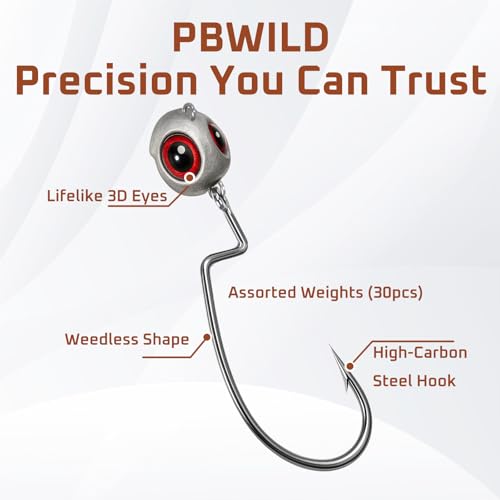 PBWILD 30/10Pcs Swimbait Jig Heads Assorted Sizes for Bass & Walleye - Texas Rig Compatible