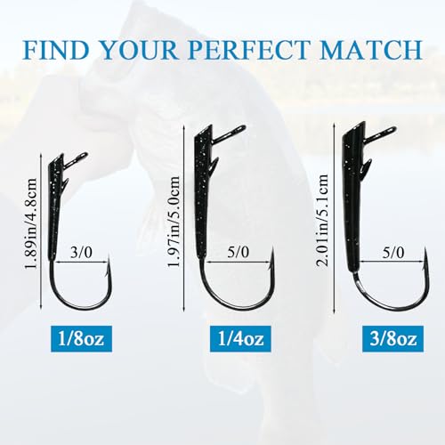 FINNECT Assorted 15-Pack Ozark Rig Weedless Jig Heads 3/0-5/0 Saltwater Freshwater Fishing Hooks