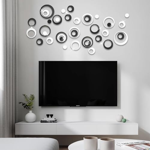 48Pcs Mirror Stickers, Acrylic Circle Wall Stickers Removable DIY Self-Adhesive Hollow Art Mural Wall Decals for Home Office Living Room Bedroom Bathroom Kitchen Decor(Silver, Black)