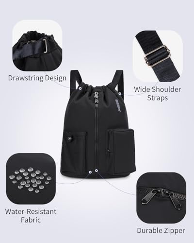 WANDF Medium Drawstring Gym Backpack with Shoe Compartment - Black