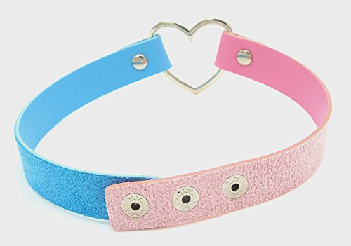 Girls Love Heart Choker Necklace - Pink & Light Blue PU Leather