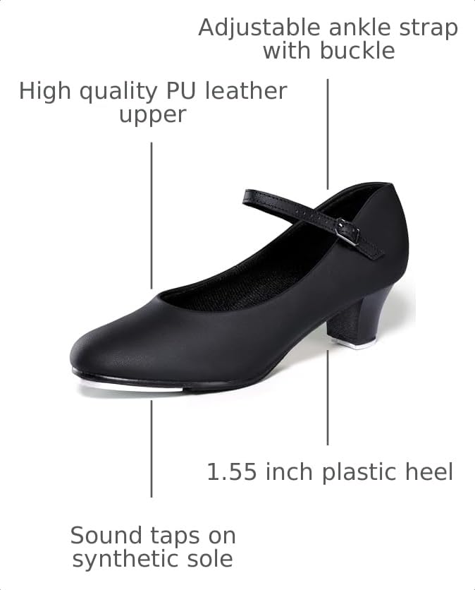 Linodes PU Leather Ankle Strap Character Tap Shoes 1.55'' for Women - Black, Size 6