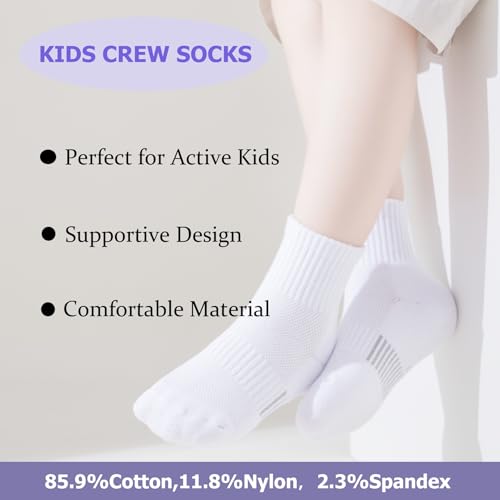 Boys Athletic Socks - Half Cushion Crew Cotton Socks for Kids, 7-10 Years - White, 4 Pack