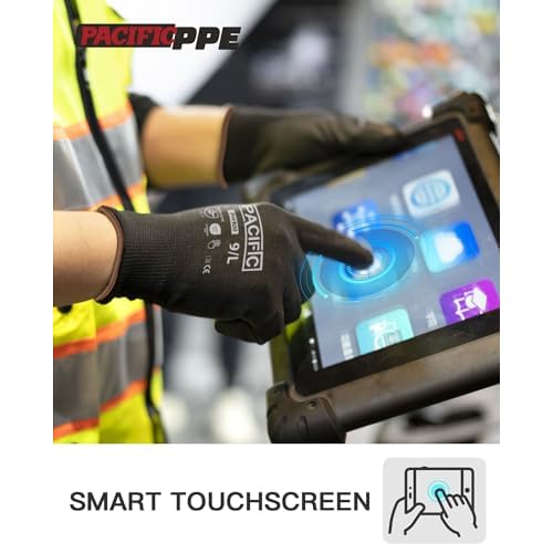 PACIFIC PPE 18 Pairs Work Gloves, PU Coated Seamless Knit Gloves, Touchscreen Safety Gloves with Grip, Ideal for General Duty Work, Men and Women, Black, Large