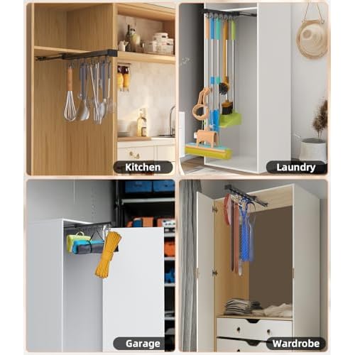 Pull Out Broom Holder With Adjustable Double Row Sliding Hook, Multifunctional Slide Broom And Mop Storage/Organizer Garage Organization Hooks, for Closet Laundry Garage - 36cm/14.17in