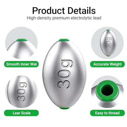 30g Egg Lead Fishing Weights - Oval Shape, 10pcs Assorted Sizes