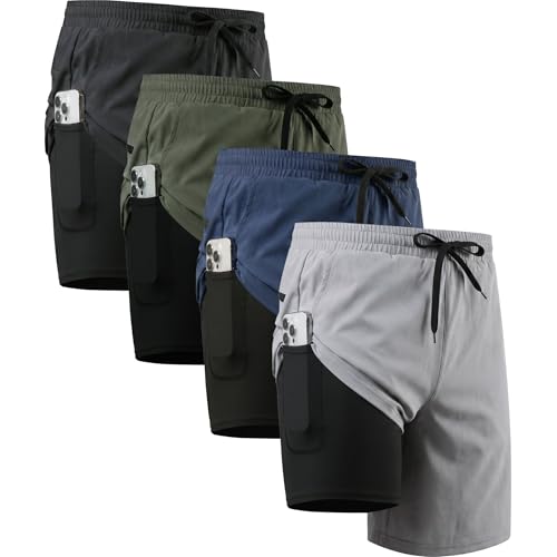 Veldtholos 4 Pack Men's 2-in-1 Athletic Running Shorts with Liner - Large, Black/Blue/Gray/Green