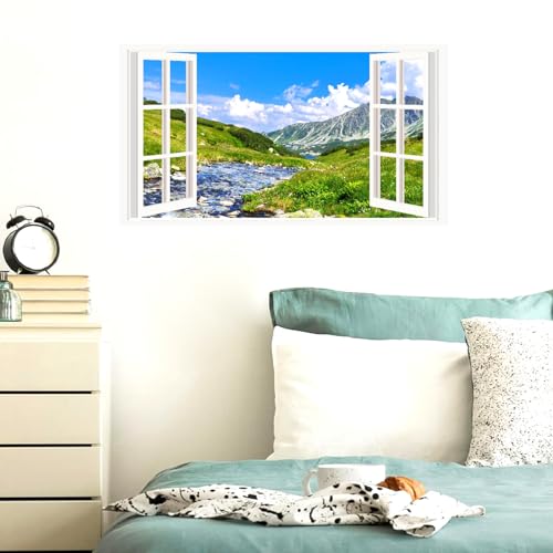 Landscape Wall Sticker Decor 3D Fake Window Mountain Scenery Wall Sticker Peel and Stick Wall Art Wallpaper Removable Faux Window Wall Mural Decal for Bedroom Living Room