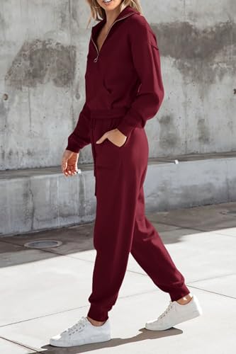 PRETTYGARDEN Women's 2 Piece Sweatsuit Set Fall Outfits Medium Wine Red