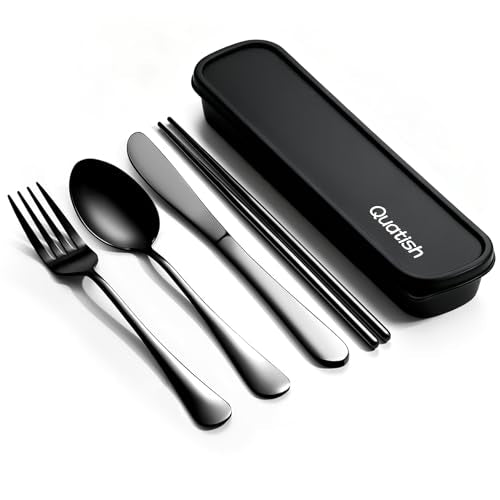 Portable Cutlery Set - 5 Piece Travel Utensils with Case, Black