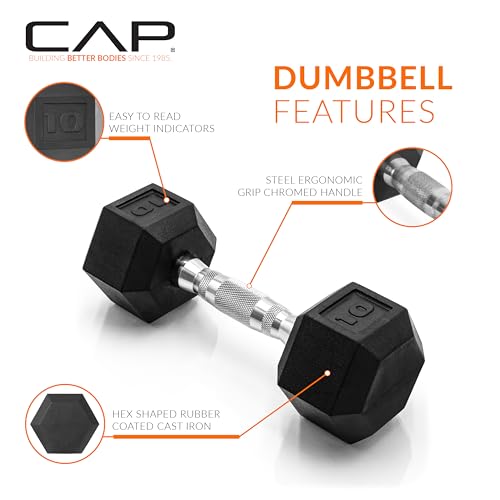 CAP 10 lb Chrome Handle Rubber Coated Dumbbell Set - Anti-Roll Hex Weights