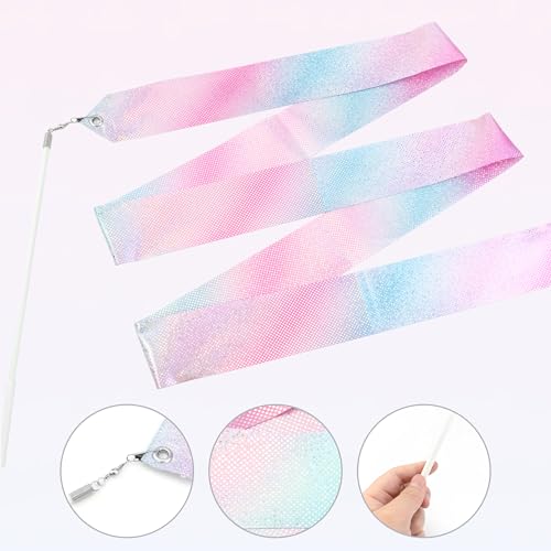 2 PCS Sparkling Gymnastics Ribbons with Twirling Wands - 78.7 Inch