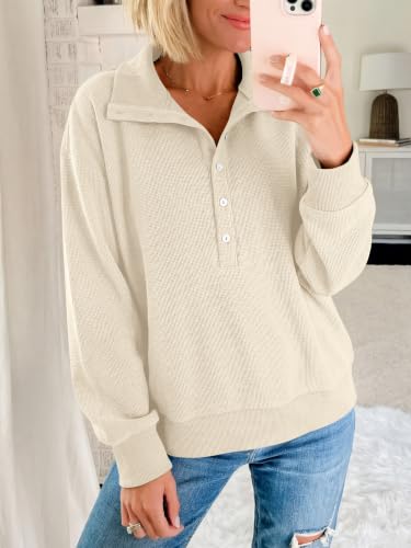 ANRABESS Women's Waffle Knit Henley Sweatshirt - Medium Beige