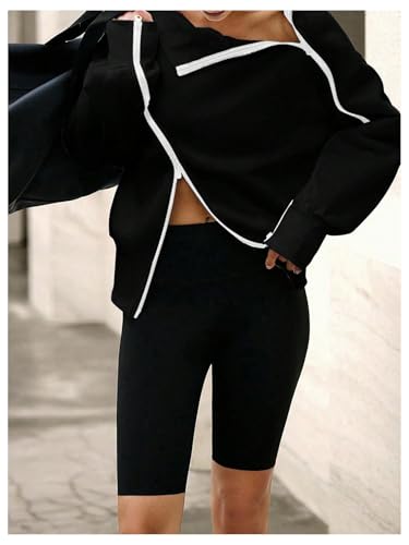 Verdusa Women's Black Medium Asymmetrical Zip Up Sweatshirt High Neck Pullover
