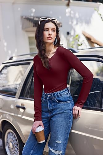 Women's Long Sleeve V Neck Slim Fit Casual Thermal Top - Burgundy Large