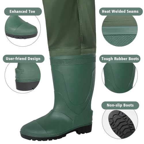 Trudave Waterproof Chest Waders for Men and Women with Boots, 2-Ply Nylon/PVC, Green, M12