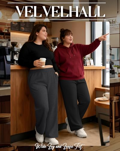 Velvelhall 3 Pack Women's Fleece Wide Leg Sweatpants – Black / Carbon Mixed Gray / Light Mixed Gray, Plus Size XL-5XL