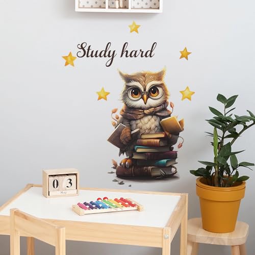 Cute Owl Books Stars Educational Wall Stickers, sacinora Study Hard Reading Corner Wall Decals Removable Vinyl Peel and Stick for Kid Baby Boy Girl Study Room Bedroom Classroom Nursery Art Decor