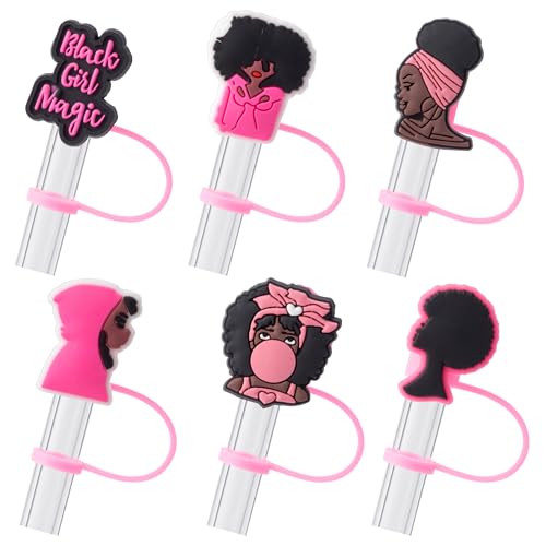 Cute Black Girl Straw Cover Caps - 6 Pcs Pink & Black Set for Stanley Cups