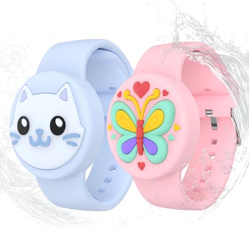 Waterproof Silicone AirTag Wristbands for Kids & Elderly, 2 Pack - Light Blue/Pink