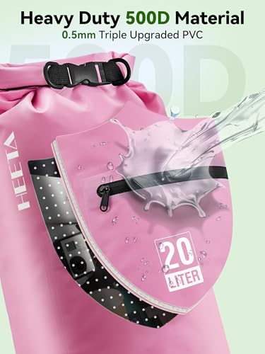 HEETA 5L Pink Waterproof Dry Bag with Front Zip Pocket, Roll-Top Closure