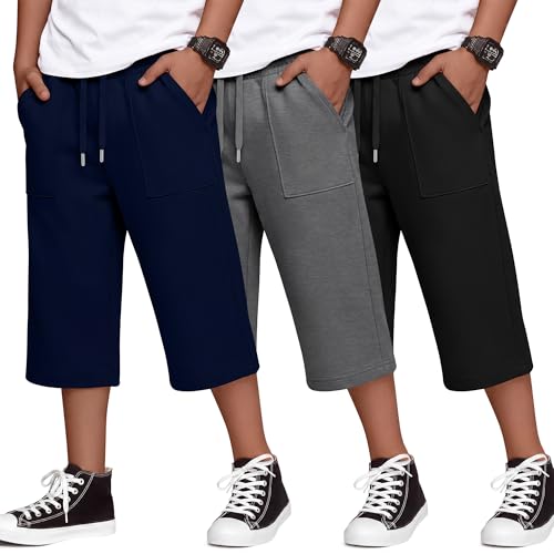 JoyMotion Boys' Capri Pants 3-Pack for Ages 14-16, Black, Gray, Navy