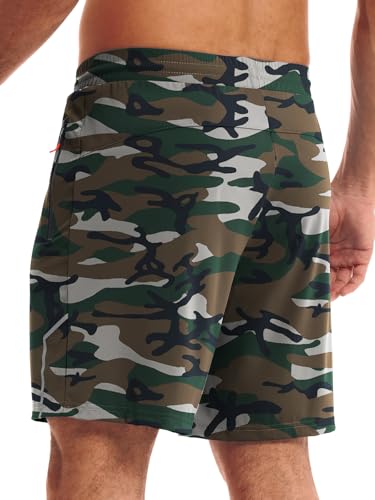 Men's 7 Inch Quick Dry Running Shorts with Zipper Pockets - Green Camo, Large