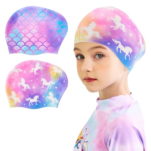 WAWSAM 2 Pack Kids Silicone Swim Caps Unicorn Mermaid Design for 3-8 Years – Purple Mix (Long & Short Hair)